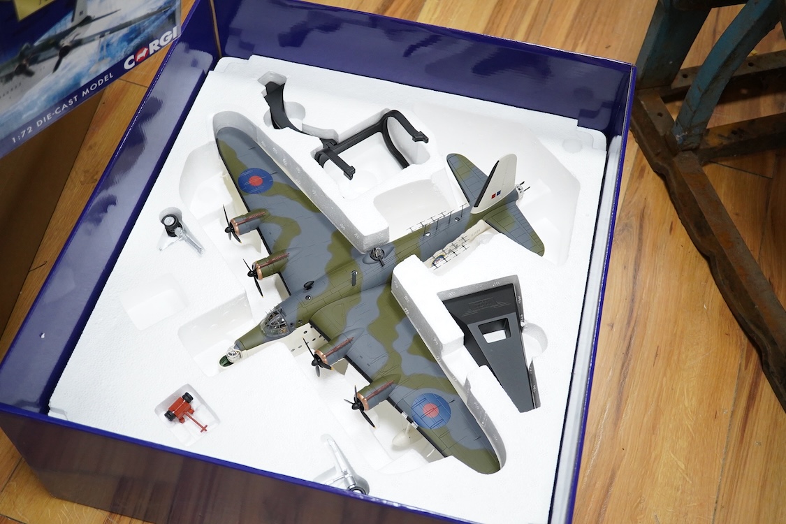 Three boxed 1:72 scale Corgi Aviation Archive aircraft; a Short Sutherland Mk.III, a Consolidated Catalina Mk.IVa, and a B-24 Liberator
